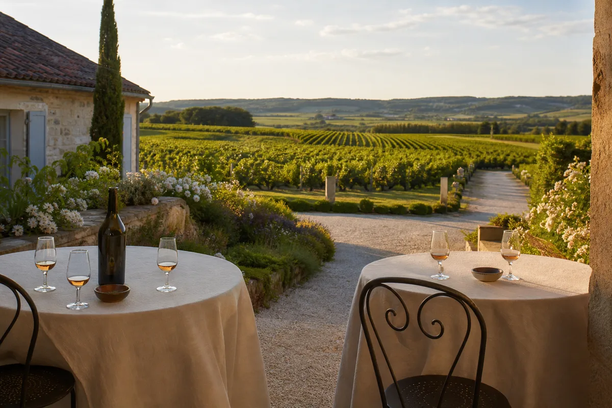 Terrasse de dégustation face aux vignes charentaises, tables dressées avec verres tulipe au soleil de fin de journée