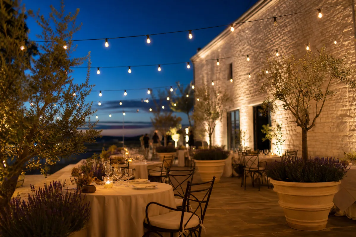 Terrasse de dégustation en soirée, éclairage chaleureux de guirlandes et jardinières de lavande autour des tables