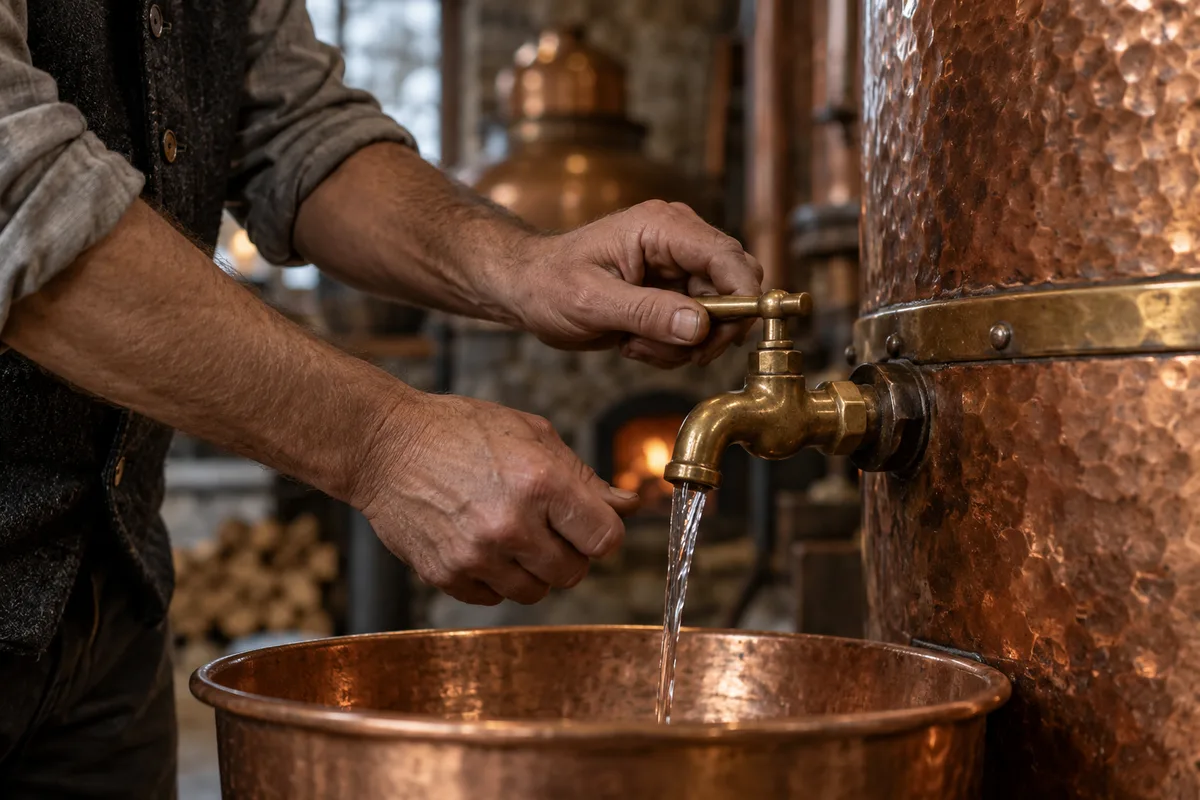 Mains de distillateur réglant un robinet en laiton sur une cuve en cuivre