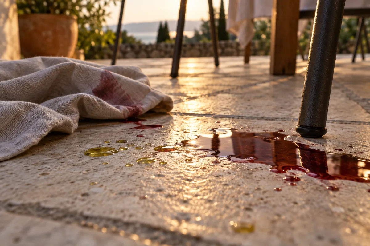 Gouttes d&rsquo;huile et vin rouge renversé sur un sol de terrasse près du pied d&rsquo;une chaise, lumière de fin de repas