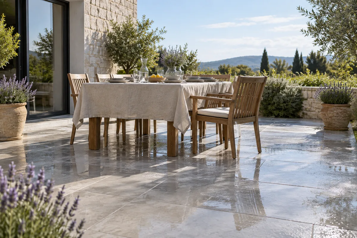 Terrasse de repas carrelée en grès cérame clair, table dressée et chaises, sol légèrement mouillé après un rinçage