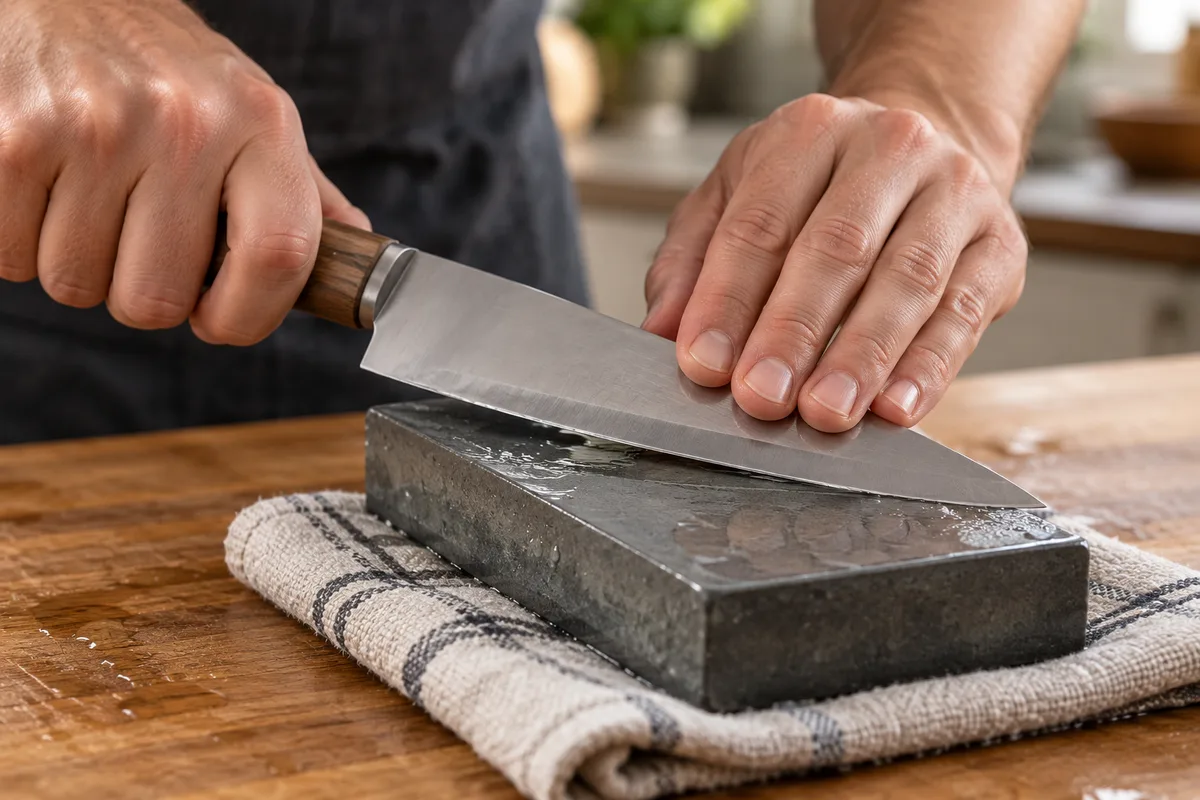 Mains qui passent une lame de couteau sur une pierre à aiguiser humide