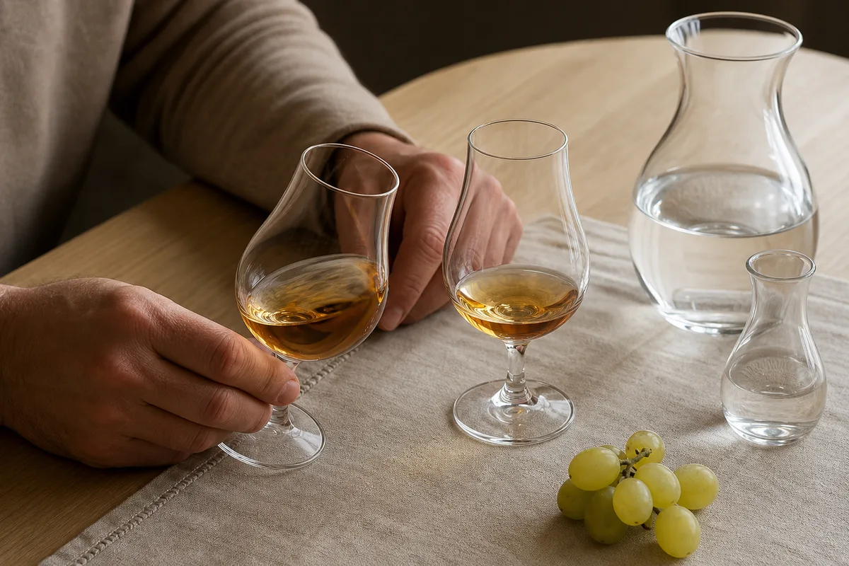 Deux verres tulipe côte à côte sur une table de dégustation en bois