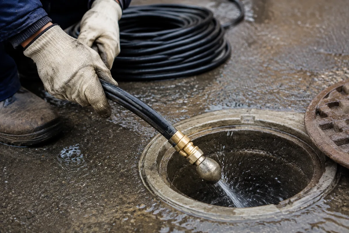 Buse d&rsquo;hydrocurage haute pression engagée dans une canalisation lors d&rsquo;un curage de réseau