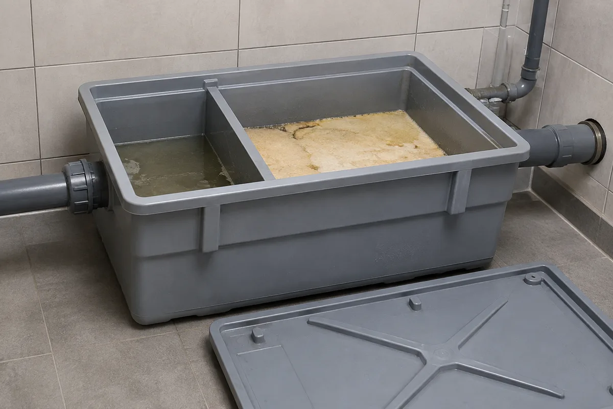 Bac à graisses ouvert en local technique, couche flottante visible en surface et cloisons de séparation
