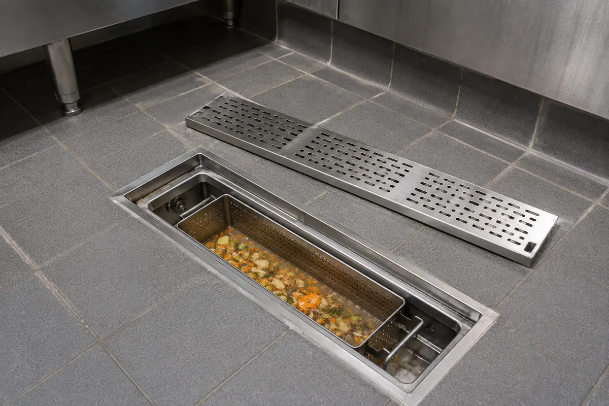 Zone de plonge d&rsquo;une cuisine professionnelle en inox, caniveau de sol grillagé et paniers de rétention