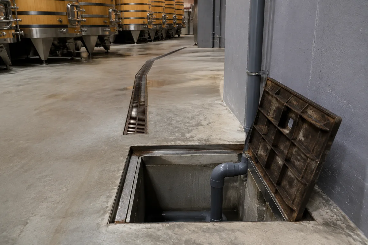 Cuve de collecte des effluents dans un chai charentais, canalisation de refoulement et regard technique au sol