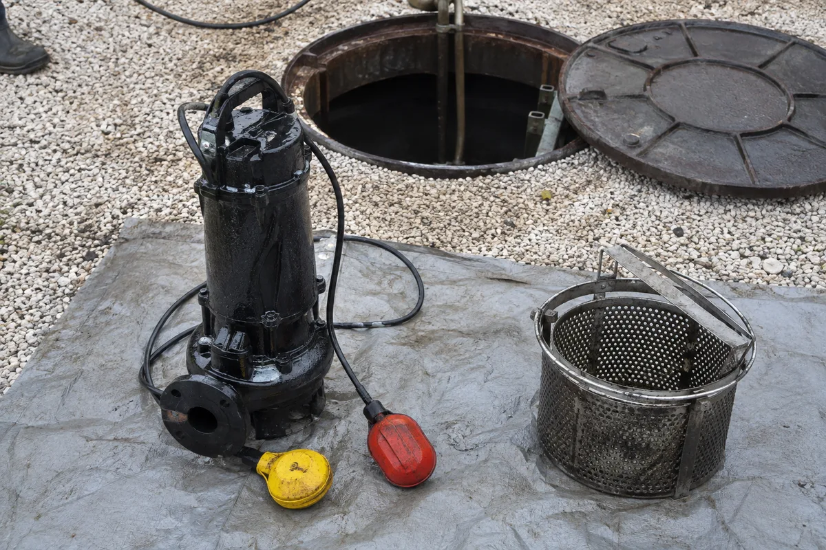 Pompe submersible sortie de son poste de relevage pour contrôle, flotteurs et panier de dégrillage visibles