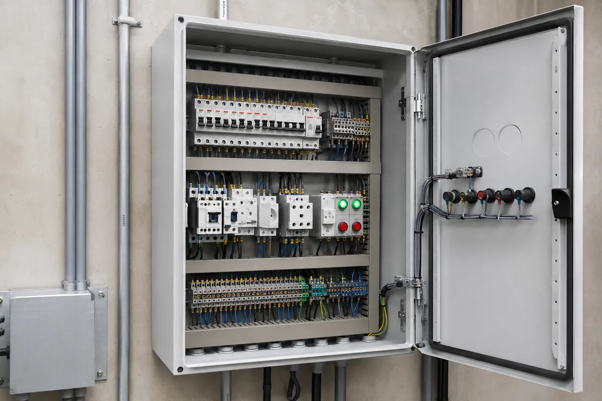 Coffret électrique de commande d&rsquo;un poste de relevage ouvert, disjoncteurs, contacteurs et voyants