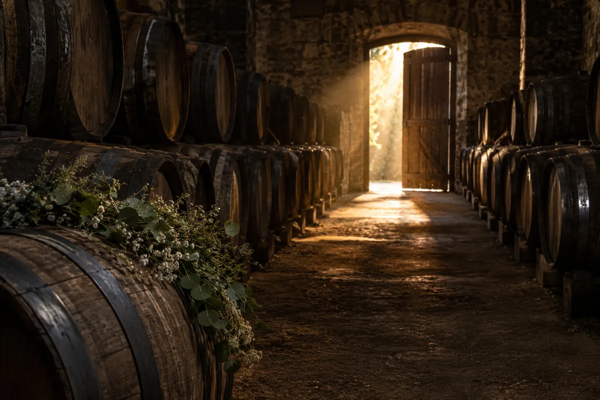 Allée d&rsquo;un chai de cognac éclairée par une porte ouverte