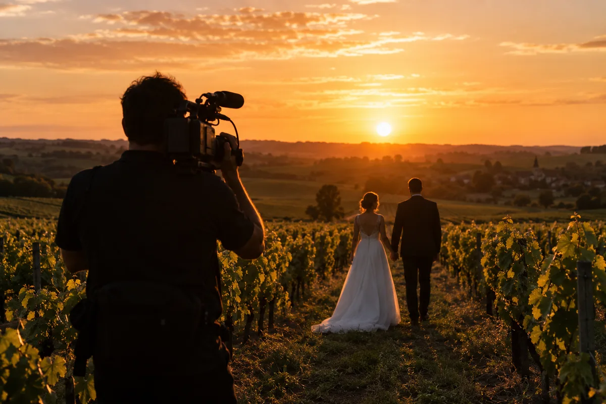 Vidéaste de dos filmant des mariés dans les vignes au couchant