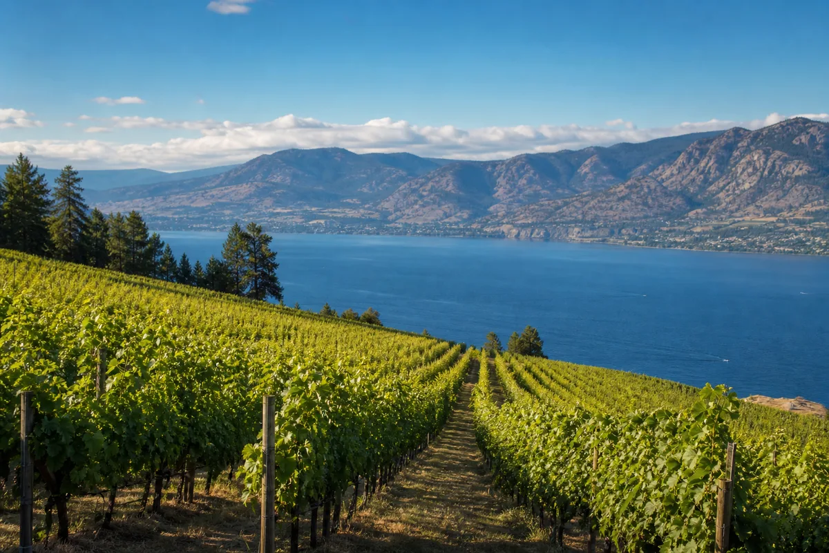 Rangées de vignes en coteau au bord du lac Léman sous ciel dégagé