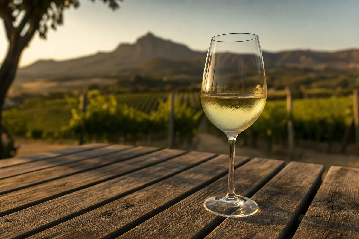 Verre de vin blanc de Savoie posé sur une table en bois avec vignoble en arrière-plan flou