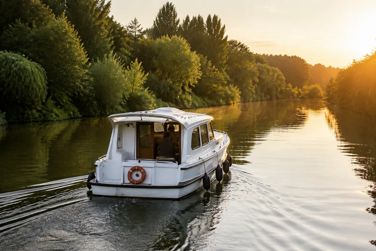 Bateau de plaisance remontant la Charente entre des berges boisées, reflets de fin de journée sur l&rsquo;eau