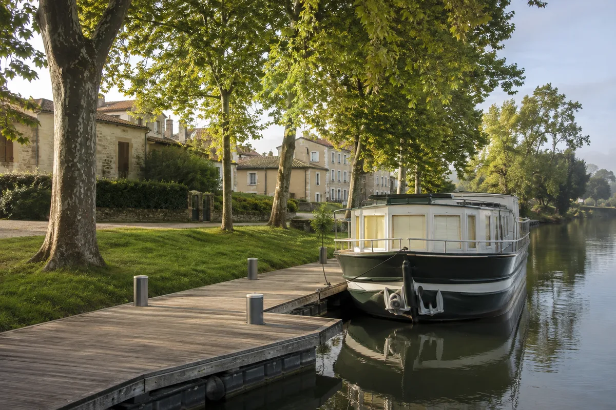Halte fluviale de village sur la Charente, ponton de bois et bateau habitable amarré devant les maisons de pierre