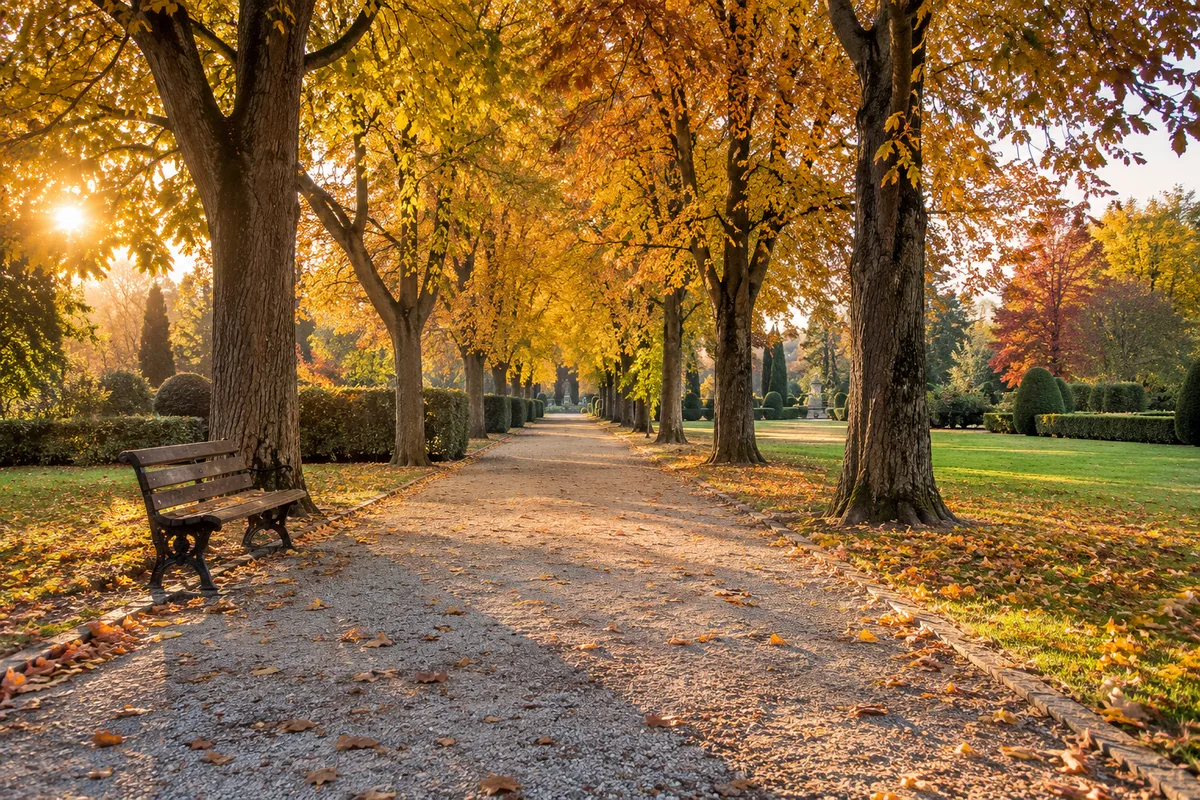 Allée de jardin public bordée de grands arbres aux feuilles dorées, banc de bois vide sur le côté