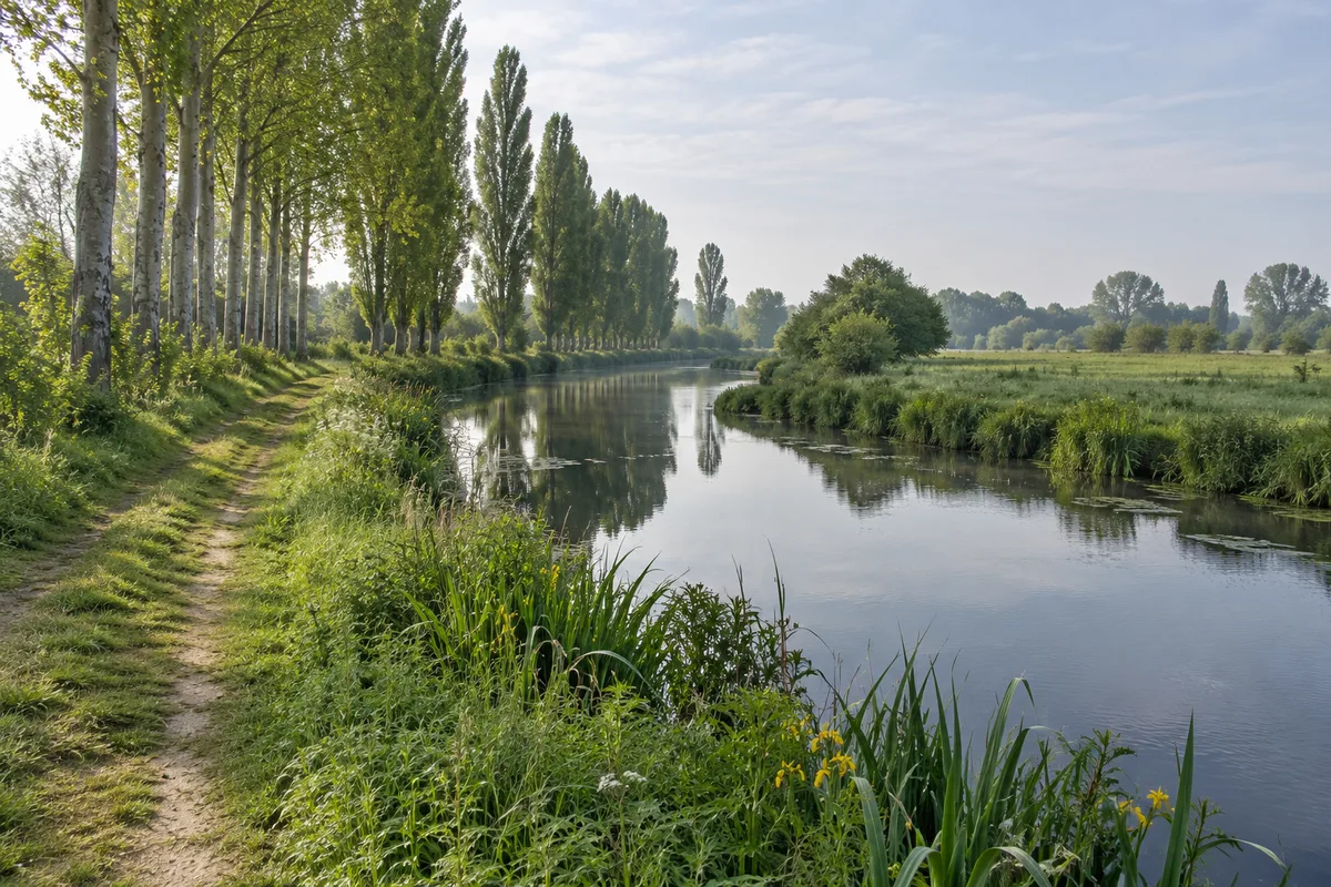 Chemin herbeux longeant une rivière calme, bordé d’une rangée de peupliers sous une lumière douce