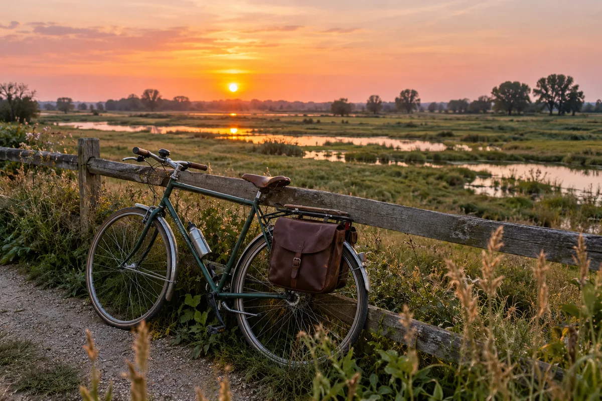 Vélo appuyé contre une barrière en bois face à des prairies inondables au soleil couchant