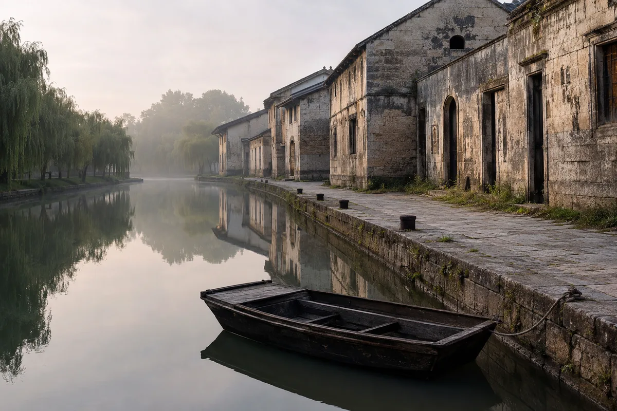 Quai de pierre le long de la Charente à Cognac, chais anciens et barque en bois amarrée dans la brume