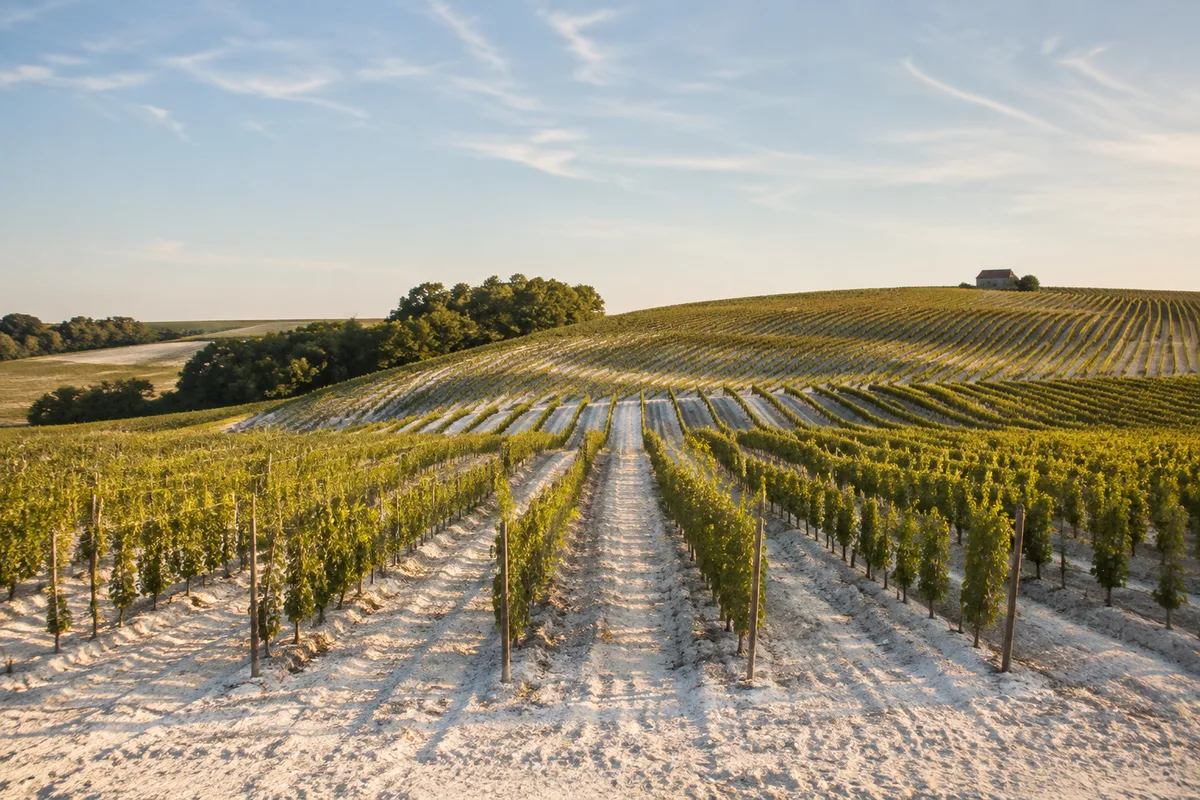 Paysage de vignes sur sol de craie au sud de Cognac, rangs alignés et horizon vallonné