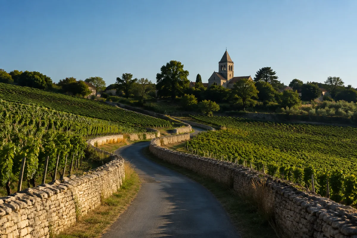 Petite route de campagne charentaise entre les vignes, murets de pierre claire et clocher au loin