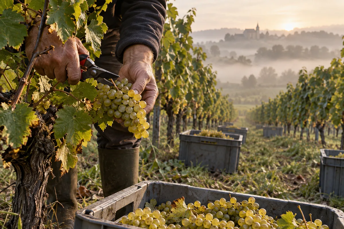 Vendanges dans un vignoble charentais au petit matin