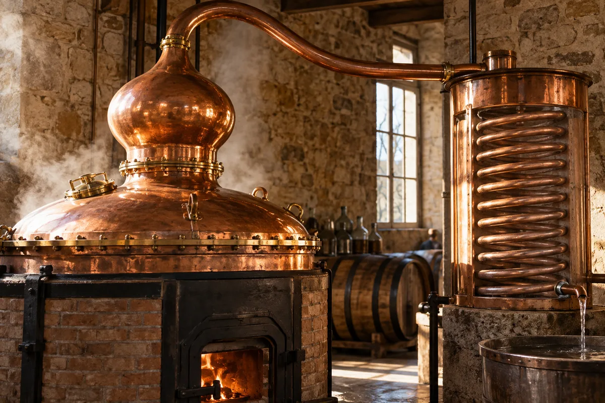 Alambic charentais en cuivre dans une distillerie