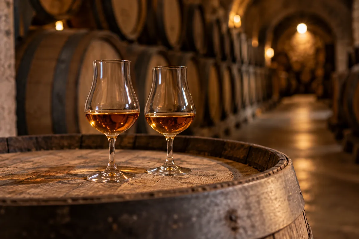 Verres tulipe de cognac posés sur un tonneau dans un chai