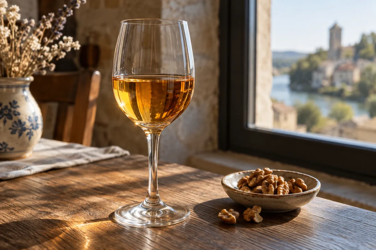 Verre à pied rempli d’un vin de liqueur doré près d’une fenêtre