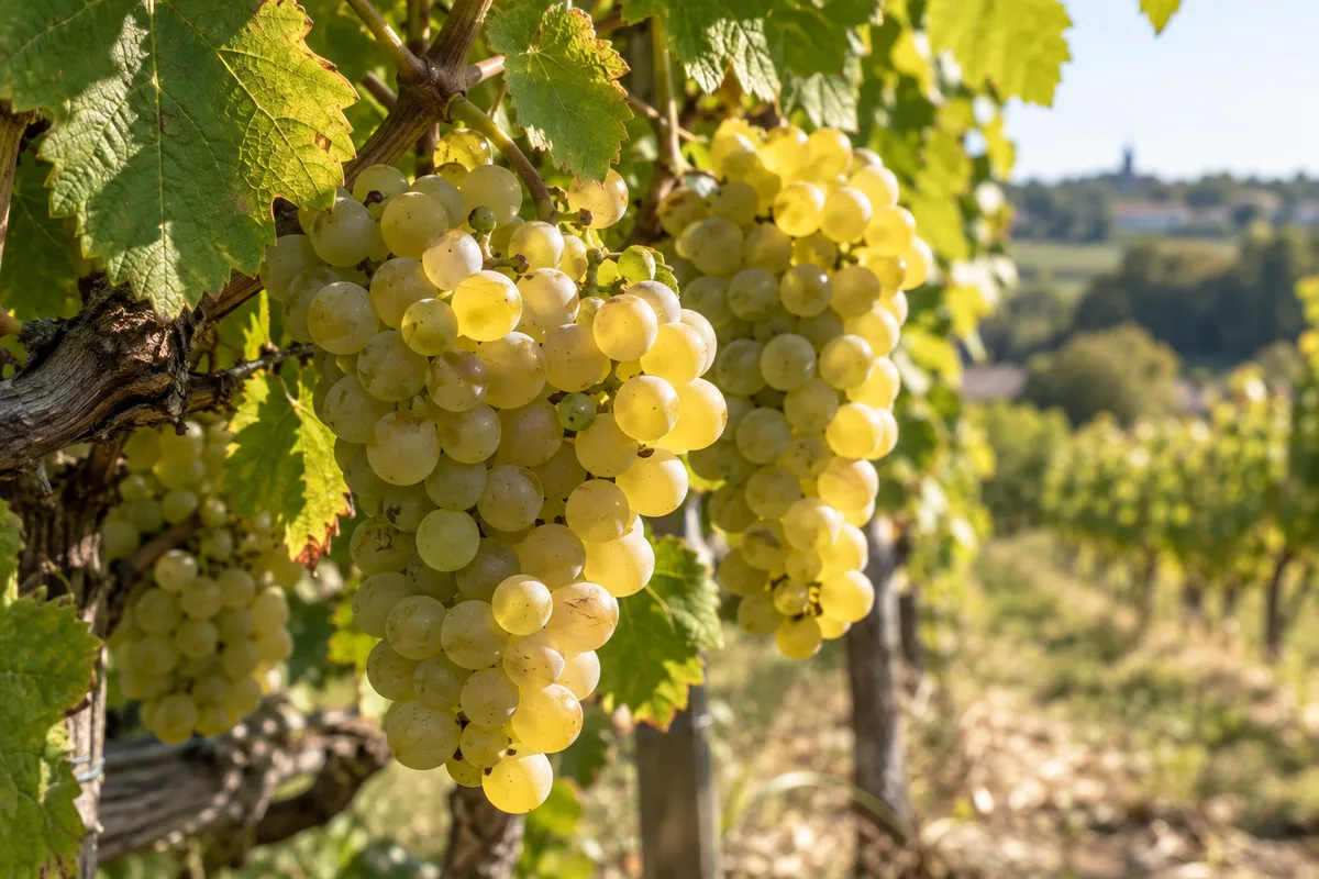 Grappes de raisin blanc mûr sur un cep en fin d’été