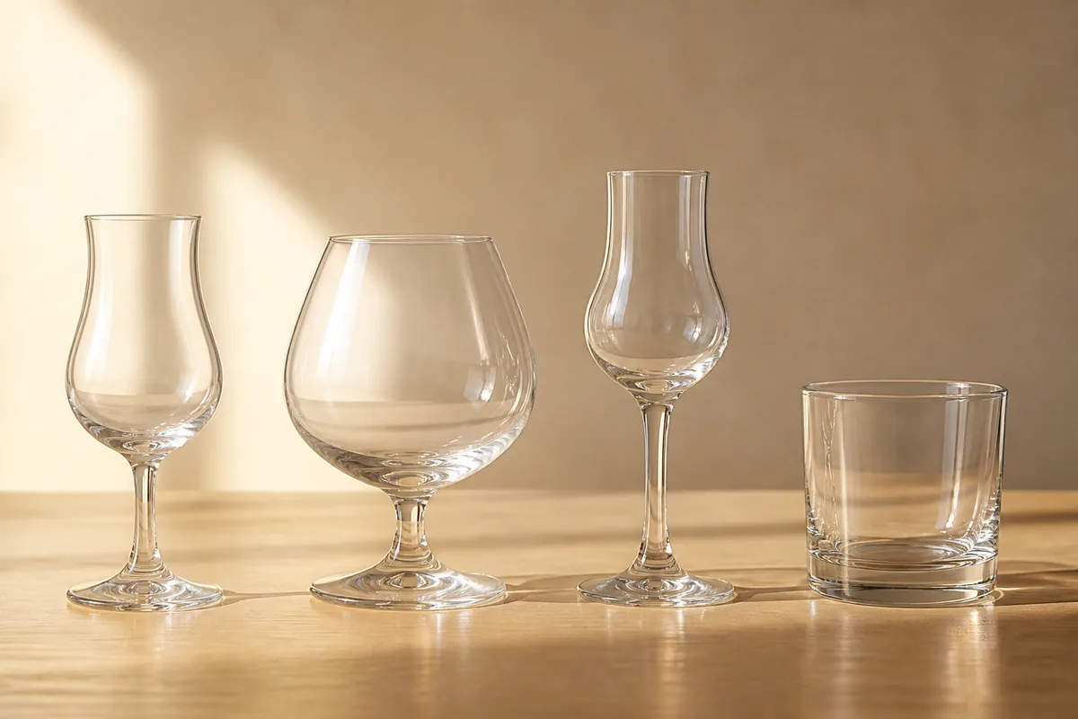 Quatre formes de verres à eau-de-vie alignées sur une table en bois clair