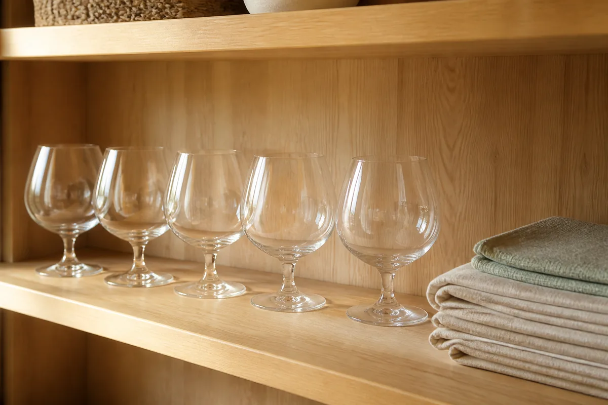 Verres à dégustation propres rangés à l endroit sur une étagère en bois clair