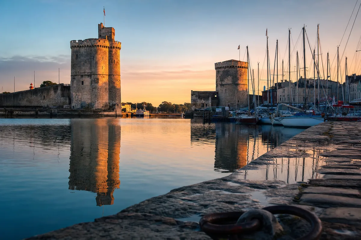 Les tours médiévales du Vieux Port de La Rochelle au coucher du soleil, voiliers amarrés dans l&rsquo;avant-port