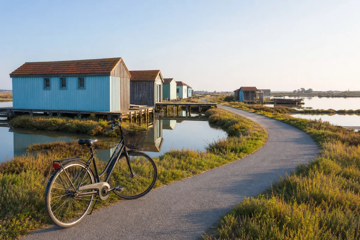 Piste cyclable bordée de marais salants et de cabanes ostréicoles sur une île charentaise sous un ciel lumineux