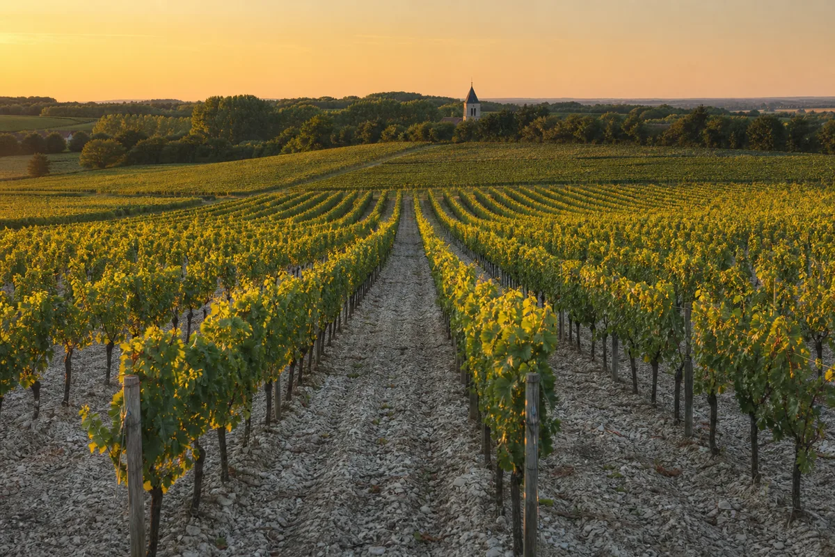 Rangs de vigne charentaise ondulant vers un horizon boisé sous une lumière dorée de fin d&rsquo;après-midi
